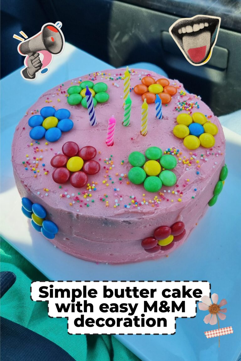Simple pink flower cake using M&M’s